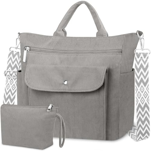 BTNEEU Cord Tasche Damen Shopper Tasche Groß Corduroy Tote Bag Strandtasche mit Reißverschluss Laptoptasche Uni Tasche Wickeltasche Handtasche Cord Umhängetasche Damen für Schule Arbeit Reise
