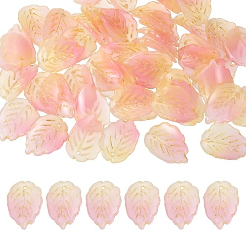 PATIKIL Glass Leaf Beads, 50Pcs Cute Crystal Lamp Work Leaf Charms, Translucent Czech Spacer Beads for DIY Jewelry Making Bracelets Necklace Wind Chimes Suncatchers, Pink Yellow/Golden