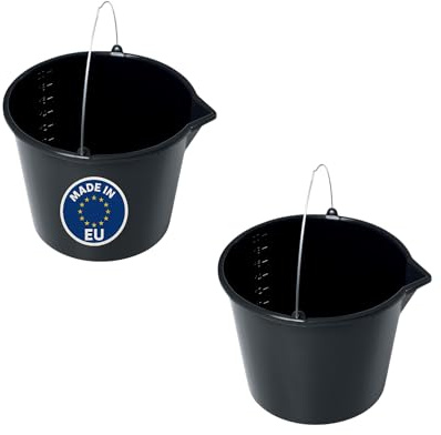Cubo negro con escala y vertedor – 20 l – Cubo de plástico resistente con asa – Cubo de limpieza, cubo de agua y cemento – para construcción, jardín y hogar – Juegos de 2 unidades (2, 20 L)