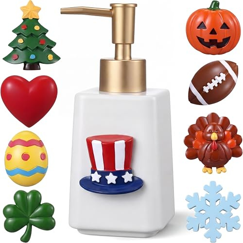Gejoy Seasonal Soap Dispenser Patriotic 4th of July Magnetic Interchangeable Set - Ceramic Hand Soap Dispenser with 9 Seasonal Resin Ornaments & Magnetic Pads-Festive Bathroom & Kitchen Dec(Gold)