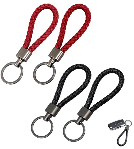 LifgWas 4pcs Porte-Clés en Cuir Tressé, Porte Clé Voiture Haut de Gamme avec Mousqueton en Alliage de Zinc, 2x Rouge & 2x Noir, Longueur 12.2cm pour Homme et Femme