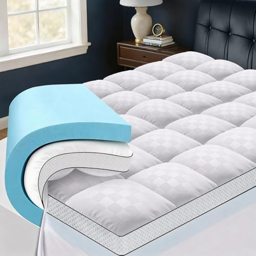 Easthome King Size Dual Layer 4 Inch Memory Foam Mattress Topper, 2 Inch Gel Memory Foam and 2 Inch Pillow Top Mattress Pad Cover, Thick Soft Bed Topper Medium Support for Back Pain, White