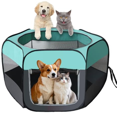 Dhqkqg Welpenauslauf, 110x110x60cm Faltbar Welpenlaufstall, Tragbarer Laufstall Hund, Hundelaufstall für Wohnung, Hundelaufstall Faltbar Laufstall, für Haustiere, Katzen, Kleintiere Sowohl(Mint Blau)