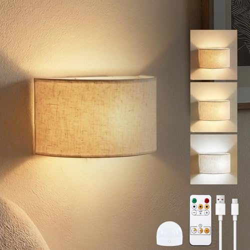 Lamptobe LED Wall Lights Indoor with Rmote,3 Colors Stepless Dimming Wall Lamp Sconce with Rechargeable LED Bulb,Fabric Up and Down Mount Light for Living Room Bedroom Hallway Decor(1Pack)