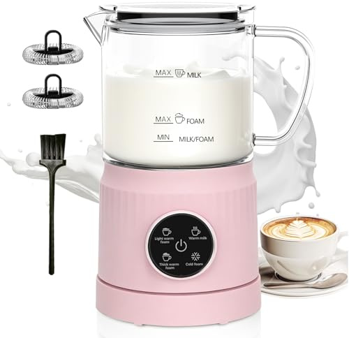 Montalatte Elettrico 4 in 1, Cappuccinatore Elettrico per Calda e Fredda, Scaldalatte in Vetro, Macchina Automatica per Caffè Latte, Cioccolata (Rosa)