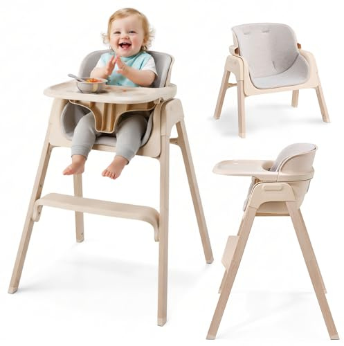 Moby-System Lumo 3-i-1 Barnmatstol Beige, Hopfällbar Barnstol med Avtagbar Bricka och Fotstöd, Hög och Låg Matstol för Baby och Småbarn, Kompakt och Stabil Stol för Hemmet