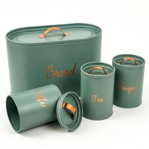 WINSOME Tea Coffee Sugar Canisters With Bread Bin | Kitchen Canister Sets with Airtight Metal Lids (4 Pcs) | Kitchen Storage Set For Home (Green)