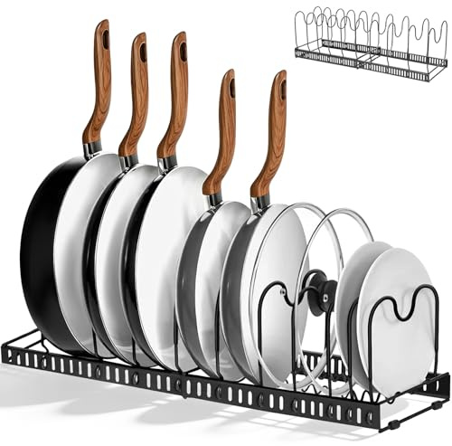 Expandable Pan Organiser Rack with 10 Adjustable Separators, Pan Lid Holder Cupboard Chopping Board Storage Rack, Kitchen Cabinet Saucepan Pots Pans Holder, Baking Tray Cookware Bakeware Lid Holders