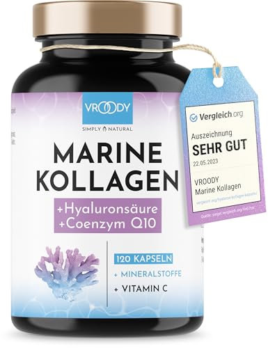 Premium Marine Kollagen Kombo 1000mg + Q10, Hyaluronsäure, Kupfer, Mangan, Vitamine C, Zink & Biotin tragen zur Erhaltung normaler Haut&Haare bei; Made in Austria by VROODY - Testergebnis SEHR GUT!