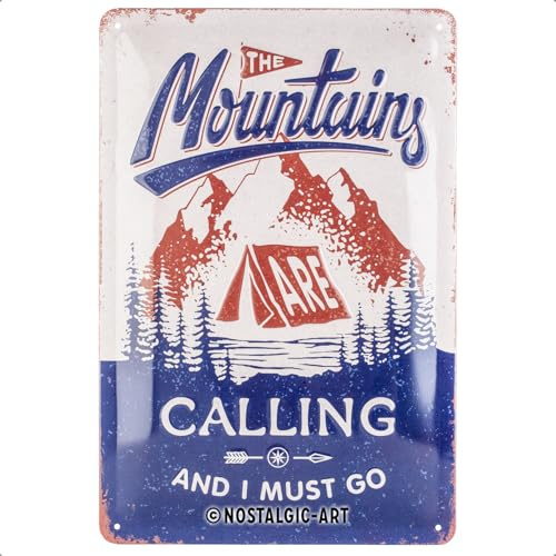 Nostalgic-Art 22322 Retro Blechschild Outdoor & Activities – Mountains Calling – Geschenk-Idee für Wander-Fans, aus Metall, Vintage-Dekoration, 20 x 30 cm | aus Metall, Vintage Design, Blechschilder Sprüche, Geschenk-Idee für Wander-Fans
