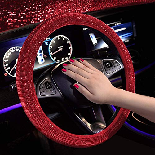Uposao Strass Auto Lenkradbezug, Universal 38cm 15 Auto Lenkradhülle Bling Bling Glitzer Kristall Diamant Anti Rutsch Leder Lenkradbezug Lenkradschone für Damen Mädchen,Rot