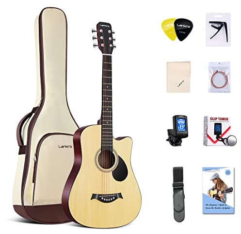 Lankro 38 Zoll Akustik Gitarre für Anfänger Westerngitarre Natürlich Linde Cutaway Guitarra Set mit Gig Bag Stap Learning Book Saiten Strap Tuner Picks Capo Reinigungstuch