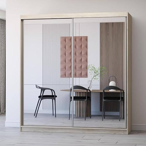 Fabryka Mebli Idźczak - Armoire à miroir Multi 2xPortes coulissantes 203 x 218 x 61 cm, Style Moderne pour Chambre et Salon - Sonoma/Blanc