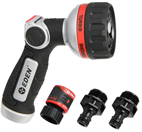 Eden 94814 Pro Metal Thumb-Control 6-Pattern Turbo Nozzle W/Quick Connector Starter Set, HIGH Pressure Garden Sprayer for Hose | 94814 | Honeycomb Grip | Smooth Flow Adjustment | Soft Dial Ring | Easy Pattern Changes | Standard Garden Hose Compatible