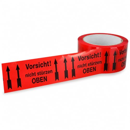 MASHPAPER Warnband Klebeband Packband l Vorsicht! nicht stürzen OBEN l rot mit schwarzem Druck - 50 mm breit x 66 m lang, 1 Rolle