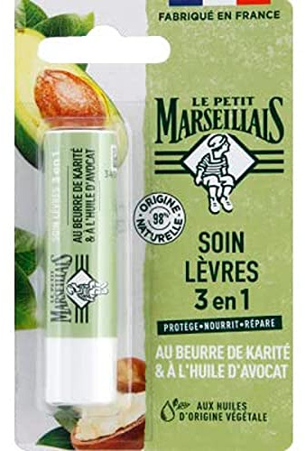 Le Petit Marseillais | Soin Lèvres 3 en 1 Beurre de Karité et Huile d’Avocat (tube de 4,9 g) – Baume à lèvres aux huiles d'origine végétale – Stick à lèvres avec 98% d'ingrédients d'origine naturelle