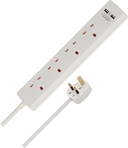 Brennenstuhl 4-Way Extension Lead with USB slots (2m cable, Power Strip with 90° angle of sockets)
