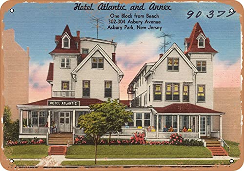 7 x 10 METAL SIGN - New Jersey Postcard - Hotel Atlantic and Annex, one block from beach, 302-304 Asbury Avenue, Vintage Rusty Look