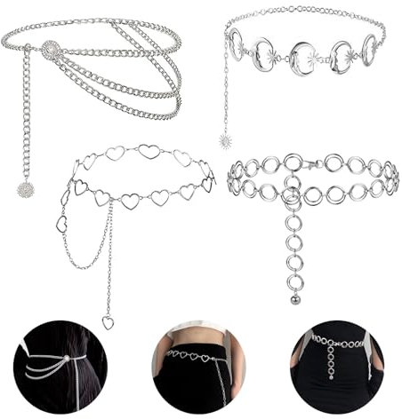 Sipiris 4 Stück Damen Gürtel Mode Metall Kettengürtel Legierung Taille Gürtel Einstellbare Taillenkette Gürtel Verstellbare Kettengürtel Körperkette Schmuck Für Verschiedene Kleidung Und Hosen