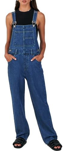 ANRABESS Womens Denim Overalls, Loose Fit Adjustable Strap, Summer Gardening, Casual & Work, Jean Jumpsuit Washed Deep Blue Small