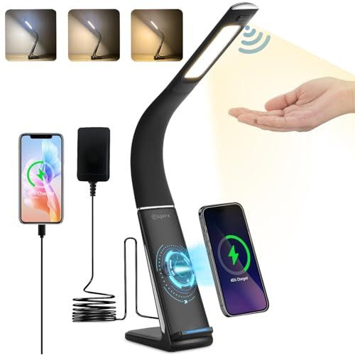 rigors Schreibtischlampe LED mit Gesture Sensor Tischlampe 3 Farben Schreibtisch Lampe mit Kabellose Handy-Ladestation Schreibtischleucht stufenlose Dimmen Bürolampe Leselampe-Schwarz