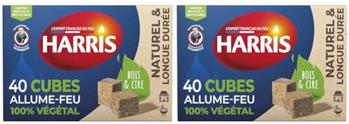 HARRIS – 40 Cubes Allume-feu 100% végétal à Base de Bois compressé et Cire végétale – Naturel et Longue durée – Allumage Rapide et Efficace sans Odeur (Lot de 2)
