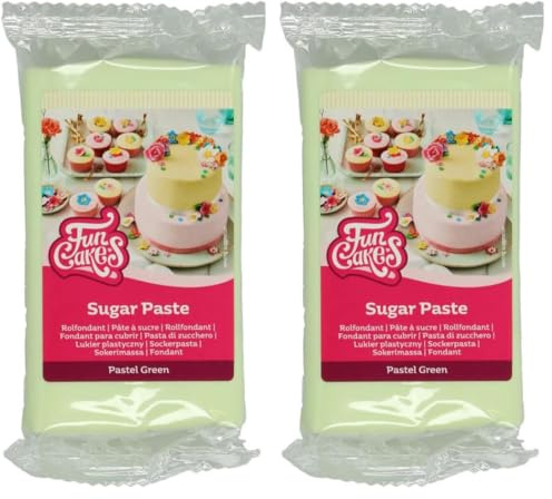 FunCakes Pâte à Sucre Pastel Green: Facile à utiliser, lisse, flexible, doux et pliable, parfait pour la décoration de gâteaux, Halal, casher et sans gluten. 250 g (Lot de 2)