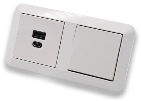 EBROM USB-C und USB-A Unterputz Steckdose/Lader 45+15 Watt Leistung – Schnellladefunktion für Wearables, Smartphones Tablets + Merten Wippschalter MEG3116-0000 in System M polarweiß glänzend