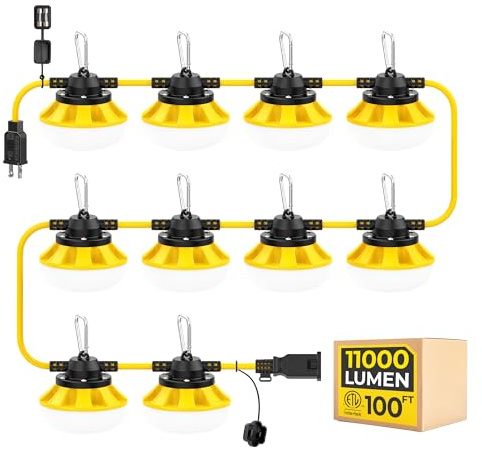 HYANGLUX 100ft Construction String Lights: 100w 11000lm ETL Certified Bright Industrial Outdoor Temporary Lighting Led Hanging IP65 Waterproof 18AWG Wire Work Light for Attic Jobsite Garage