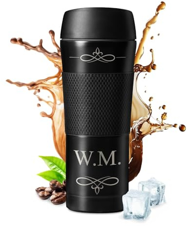 Maverton Thermobecher mit Gravur 450 ml - Kaffeebecher mit Anti-Rutsch-Griff und Quick-Press-Verschluss - Edelstahl Reisebecher auslaufsicher 100% dicht - für Frauen zum Geburtstag schwarz - Initialen