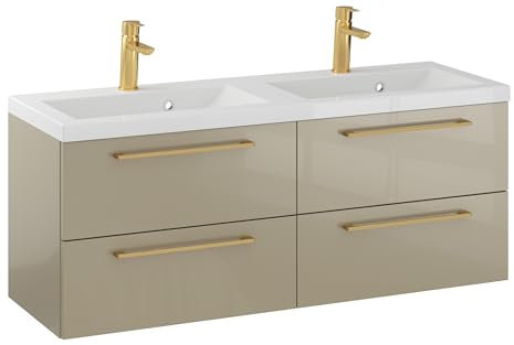 Furni Rosen 120 cm Hängend Doppelt Badezimmerschrank mit 2 Waschbecken und Gebürsteten Goldenen Griffen Waschbeckenunterschrank Badezimmer Waschtisch mit Unterschrank Waschtischunterschrank
