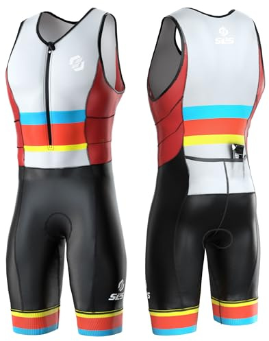 SLS3 Triathlon Einteiler Herren | FRT Trisuit | 2 Taschen | Wettkampf Triathlonanzug | Tri Anzug Frontreißverschluss (Black/Red Stripes, XL)