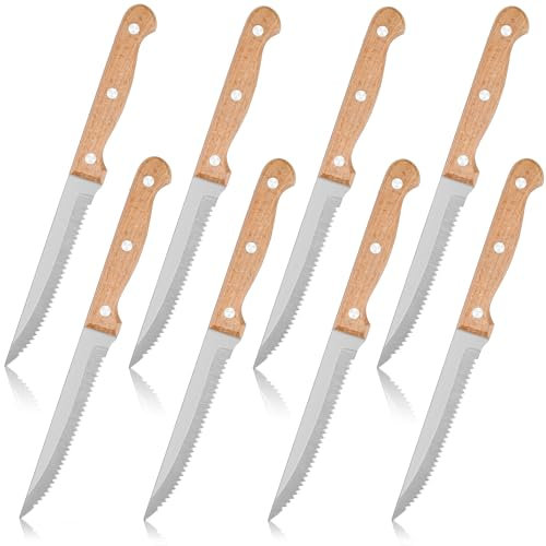 Herogo Steak Knives Set of 8, Stainless Steel Serrated Sharp Dinner Kitchen Steak Knife with Wooden Handle, for Home/Restaurant, Dishwasher Safe