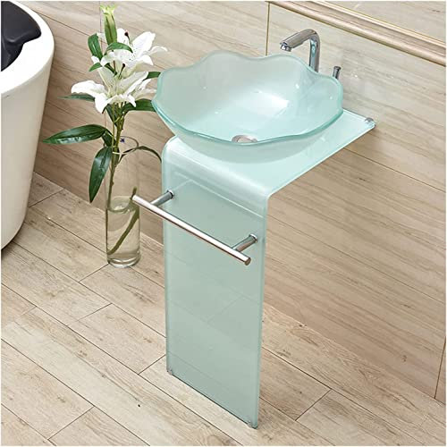 Lavabo da Appoggio in Ceramica Lavandino con piedistallo in vetro temperato, mobile per lavabo da bagno, piccolo appartamento, lavabo da appoggio da terra con balcone 84 * 40 cm con rubinetto e scari