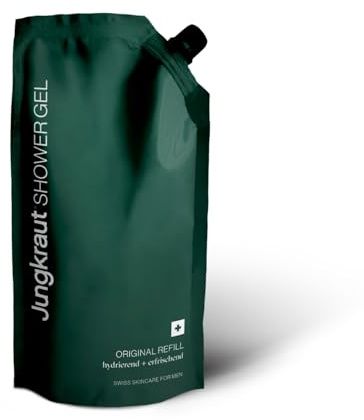 JUNGKRAUT Mountain Rain Duschgel für Männer Nachfüllbeutel 400ml, Bergwald-Duft, natürlich, Gurke Hagebutte Ingwer, pH-neutral, vegan, feuchtigkeitsspendend, Swiss Made