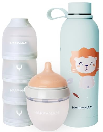 Happymami, Set Biberon Personalizzabile con la Forma del tuo Seno + Thermos per Liquidi, Kit di Alimentazione per il tuo Bebè, Senza BPA (Set Biberon + Thermos +Dosatore di Latte in Polvere)