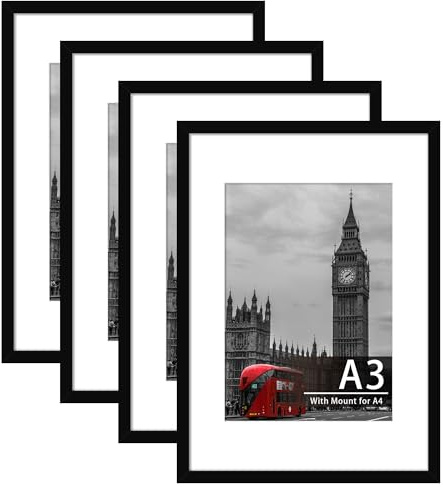 Tinkeps 4 Pack A3 Black Picture Frame, Engineered Wood and Plexiglass, A3 Frame with Mount for A4 Prints, Photos, and Posters, Wall Mountable