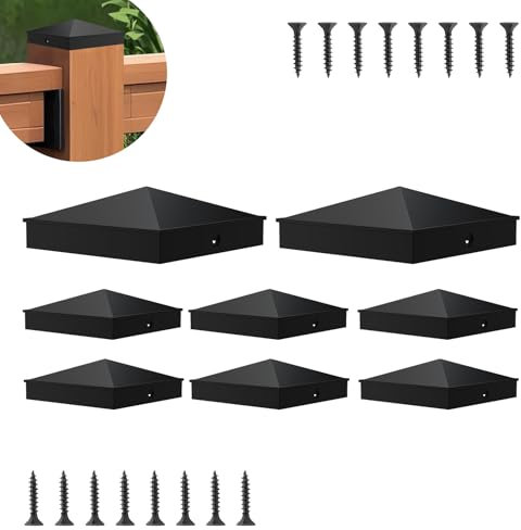 8 Pcs 4“x 4“(Actual 3.6 x 3.6) Aluminum Pyramid Fence Post Caps,Black Matte Post Covers Fit 4x4 Nominal Wood Post for Fence Wood Post of Decks or Corridors