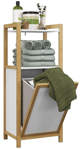 HOMCOM Mobile su base in bambù, Mobiletto Bagno, con cesto per biancheria, 2 ripiani, salvaspazio, 40 x 30 x 86,5 cm, bianco