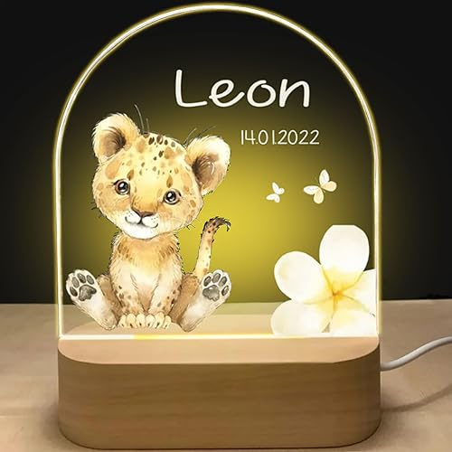 Fallover Personalisierte Babys Nachtlampe – LED Licht mit Tiermotiv, Personalisiert mit Namen, Nachttischlampe für das Kinderzimmer, Geschenk für Kinder, Geschenk zur Geburt, Taufe oder Babygeburtstag