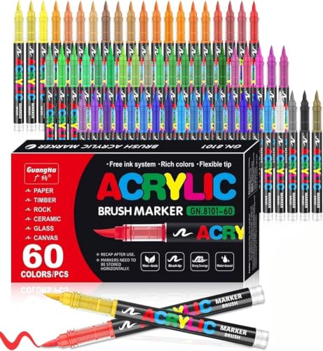VAKKI 60 Color Adult Acrylic Paint Pens, Brush Markers, Felt Pen For Stone, Calligraphy, Wood, Canvas, Glass, Ceramics