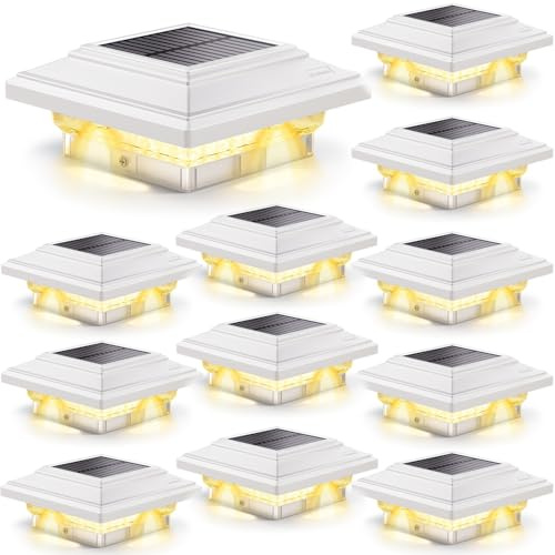 SIEDiNLAR 4x4 Solar Post Lights 50 Lumens 2 Modes, Post Caps Light Outdoor Waterproof for 4x4 Vinyl Wooden Posts, Fence Deck Garden Patio Decor, Warm/White Lighting (White, 12 Pack)