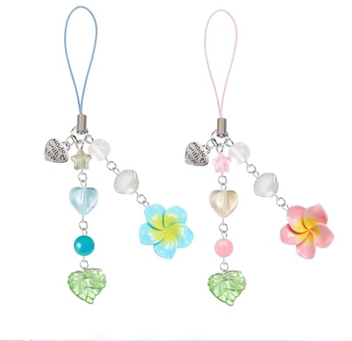 Mrltau Handyanhänger mit Hibiskusblüte, Y2K, iPhone-Charm, Stern-Blatt-Herz, Handy-Schlüsselanhänger, ästhetischer Handyanhänger, Sommer, Strand, niedlicher Handy-Charm, 2 Stück