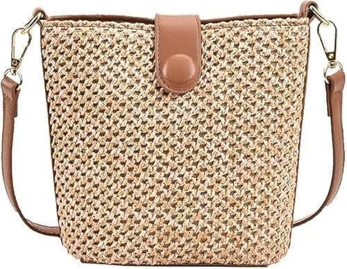 gudong Women Straw Crossbody Bag Beach Handmade Rattan Shoulder Bags Hand Woven Leather Straps Straw Clutch Purse Vacation (Coffee)