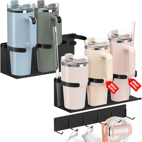 KALYLOC 2 Packs Magnetic Cup Holder for Stanley Cup 30/40 oz, Water Bottle Organizer for Stanley Cup Accessories with 6 Hook for Fridge, Tumbler Holder Organizer Storage Rack for Kitchen Cabinets