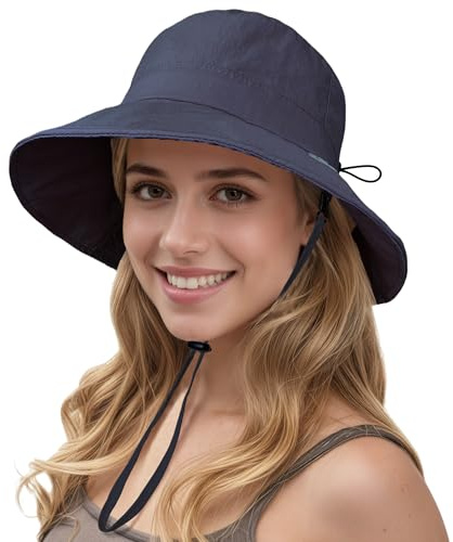 ehsbuy Sun Bucket Hats for Women UV Protection Wide Brim Foldable Ladies Waterproof Summer Hat with Adjustable Chin Strap for Beach Outdoor Fishing Safari Travel
