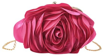 UNTERING Elegante pochette da donna in raso con fiore di rosa con catena staccabile, per matrimoni, feste, eventi, borsa a tracolla, Fucsia, app. 24x6x16cm/9.4x2.4x6.3in