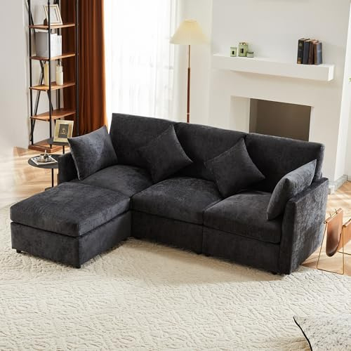 Ligterra ﻿216 * 161Sofa mit Schlaffunktion，L-förmiges Ecksofa mit Fußhocker, Chenille-Stoffsofa, Dreisitzer-Sofa, Viersitzer-Sofa für Wohnungen, Wohnzimmer (Schwarz)
