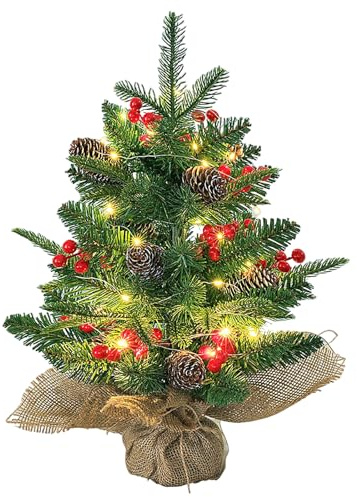 60cm Mini Weihnachtsbaum mit Lichtern, Künstlich Tisch Weihnachtsbaum mit Tannenzapfen und Roten Beeren, Kleiner Weihnachtsbaum für die Weihnachtsdekoration zu Hause oder im Büro (Grün)
