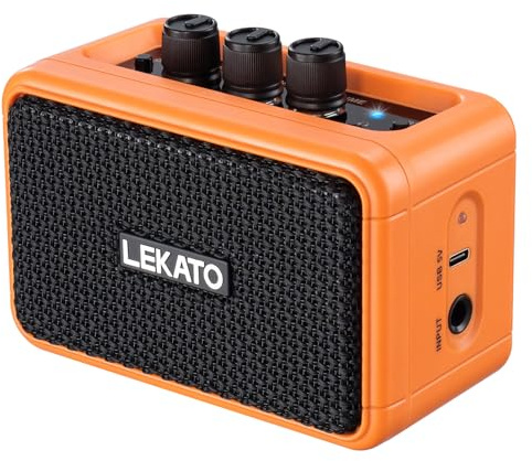 LEKATO Mini-Gitarrenverstärker, 5 W, wiederaufladbar, E-Gitarrenverstärker mit Clean/Overdriver-Effekten, Bluetooth 5.0, tragbarer Übungsgitarrenverstärker für Heimübungen und Musikparty (Orange)